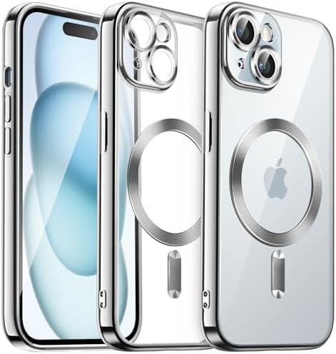 PLUGTECH TPU Designed for iPhone 15 Plus Luxury Electroplating Case [Magnetic MagSafe] [Integrated Lens Protection] Back Cover Case for iPhone 15 Plus (Silver)