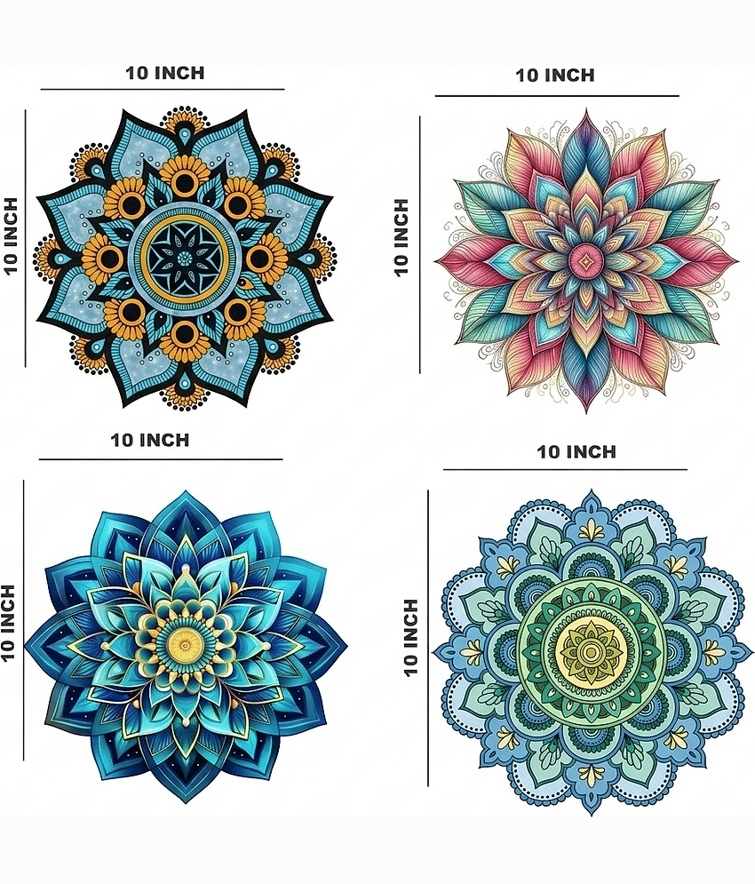 Colorful Mandala Flower Floor Rangoli Floor Sticker, Wall Stickers, Set of 4, 10 Inch Each, Boho Floral Decor Self Adhesive Sticker (Pack of 4) view 2