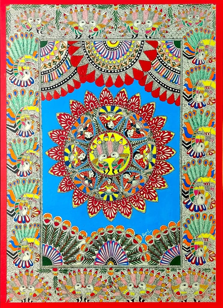 Traditional Madhubani Painting – Mandala with Peacocks and Floral Motifs