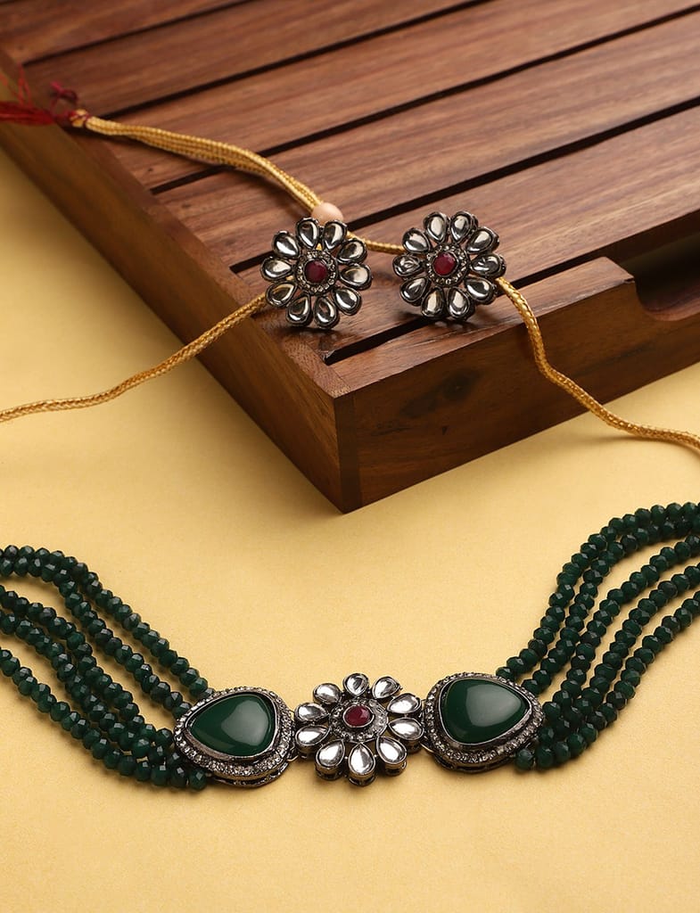 Cardinal Kundan Green Color Multistring Choker Necklace Set view 2