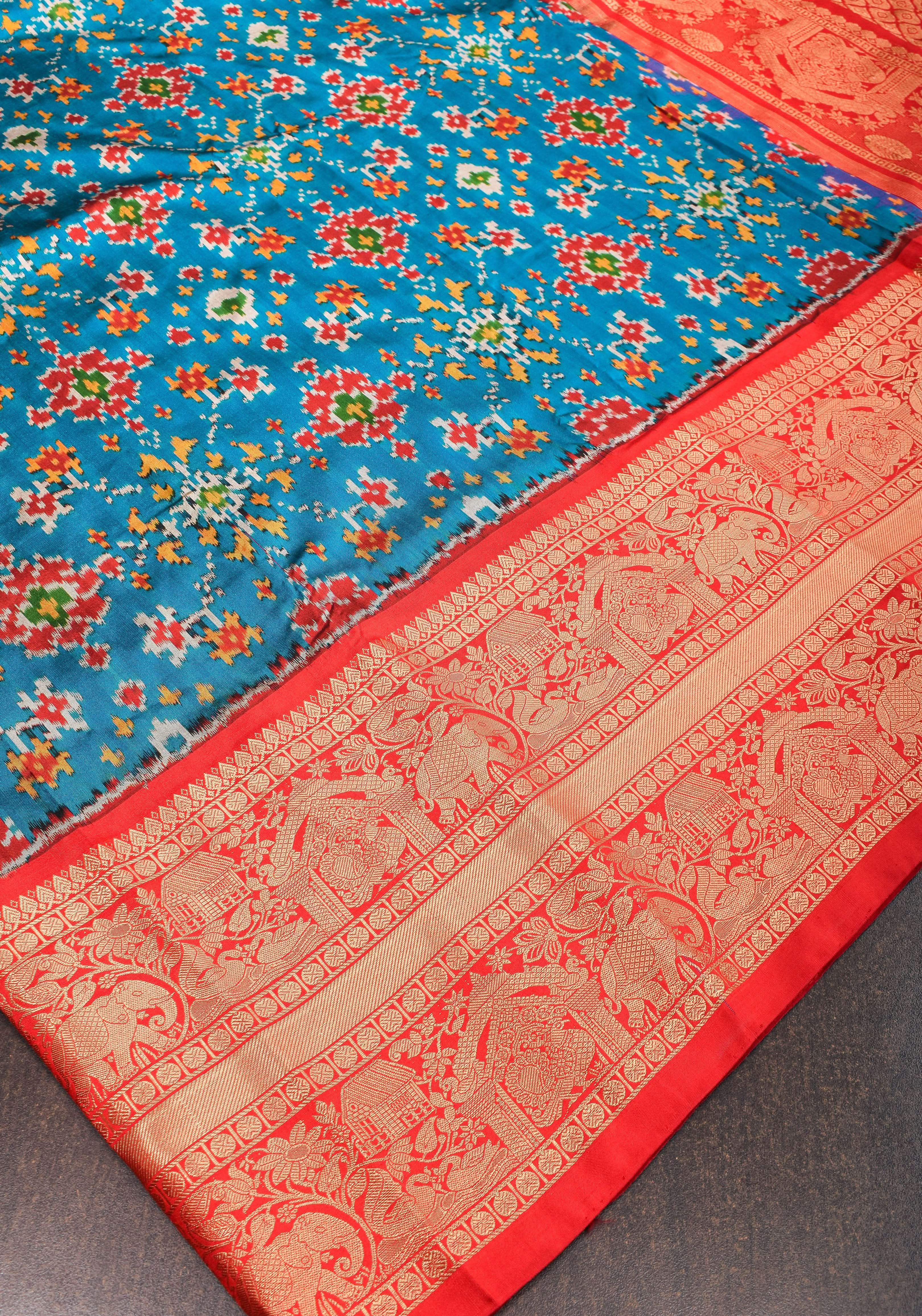 Ikkat Kanjivaram Fusion Silk Saree in Peacock Blue & Red with Wide Zari Border | SILK MARK CERTIFIED view 2