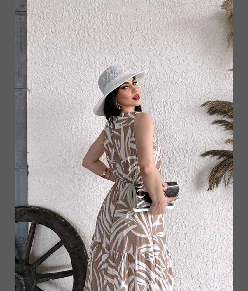 OTABU Women Viscose Rayon Printed A-line Dress ( White ) view 2