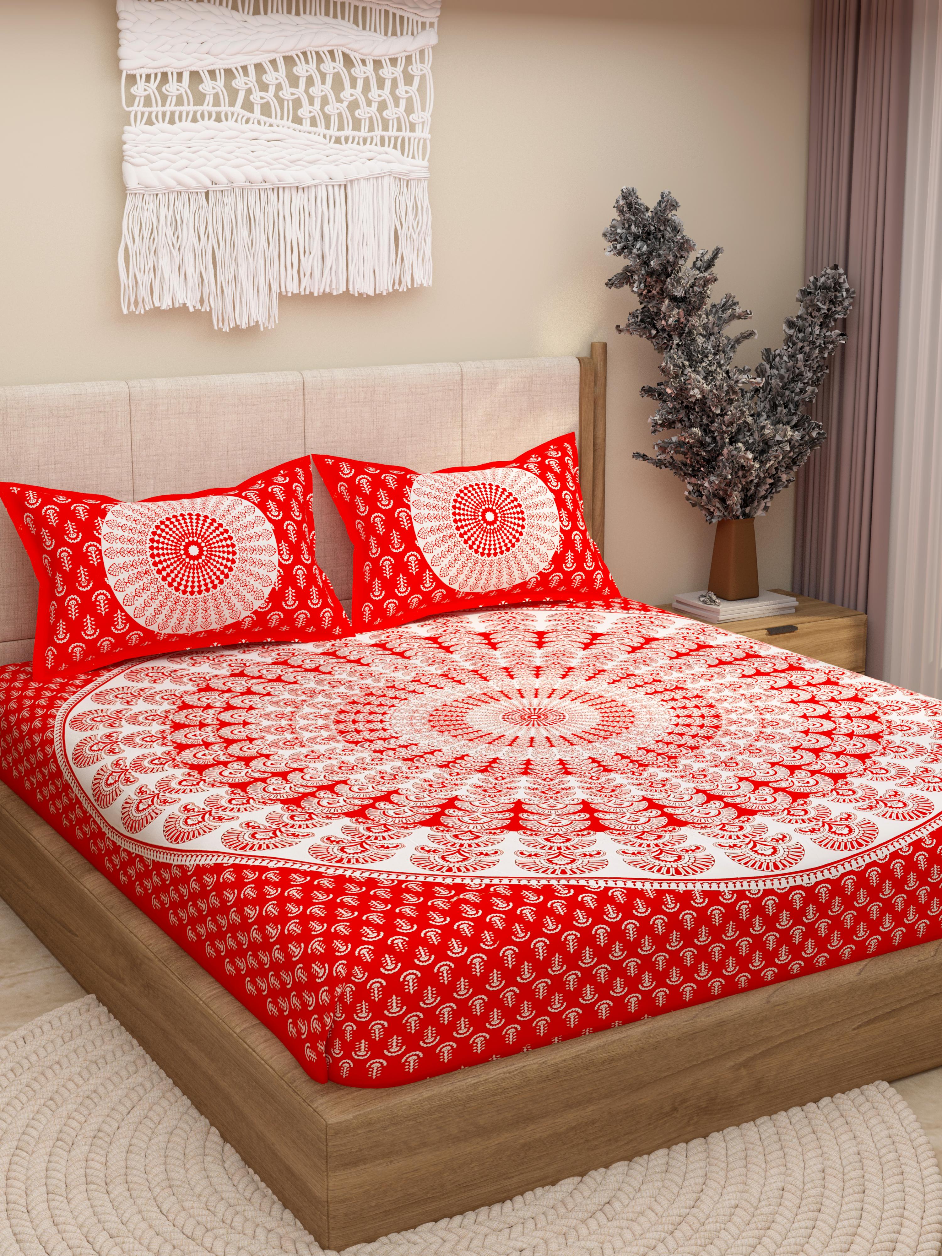 Lali Prints Red Ethnic Block Printed Cotton 130 TC Queen Bedsheet 2 Pillow Covers view 2
