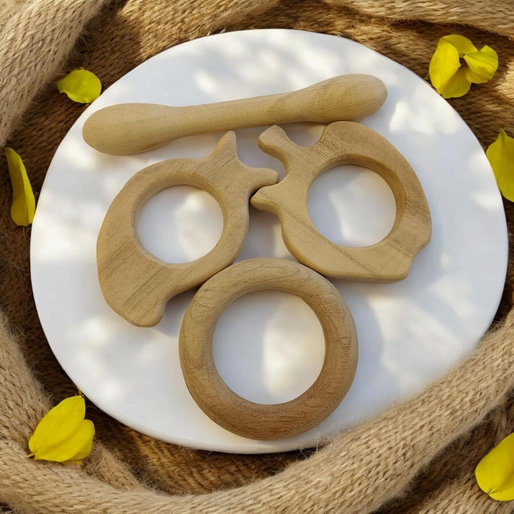 Neemtoys Neem Wooden Baby Teethers Apple, Mango, Dumbbell and Ring Shapes Teether, Teething Toy for Babies with Multiple Textured Surface (Brown) view 2