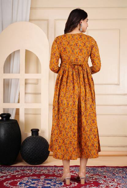 Women Printed Cotton Blend Anarkali Kurta (Yellow) view 2