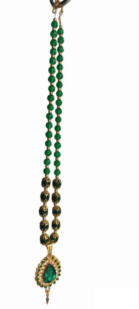 Gold Plated Traditional Indian Necklace Set with Green Beads and Stones view 2