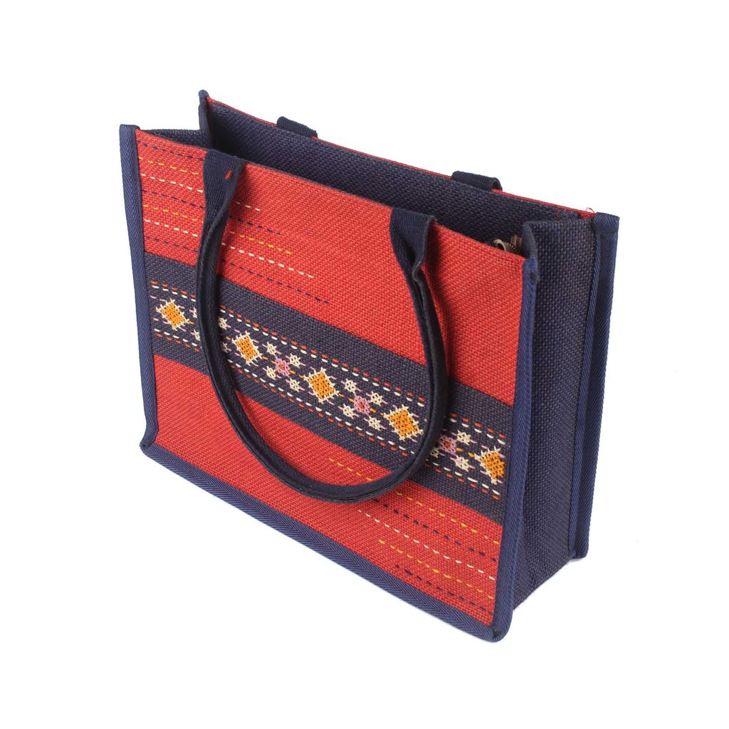 Tribes India Hand Embroidered Red Jute Handbag view 2