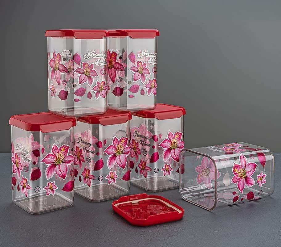 HAPPI Multipurpose Unbreakable Plastic Modular Transparent Square Printed Containers Set For Kitchen Storage Airtight Box Dabba For Spice, Masala Box for Kitchen 1100 ml (Pack of 6 - Pink) view 2