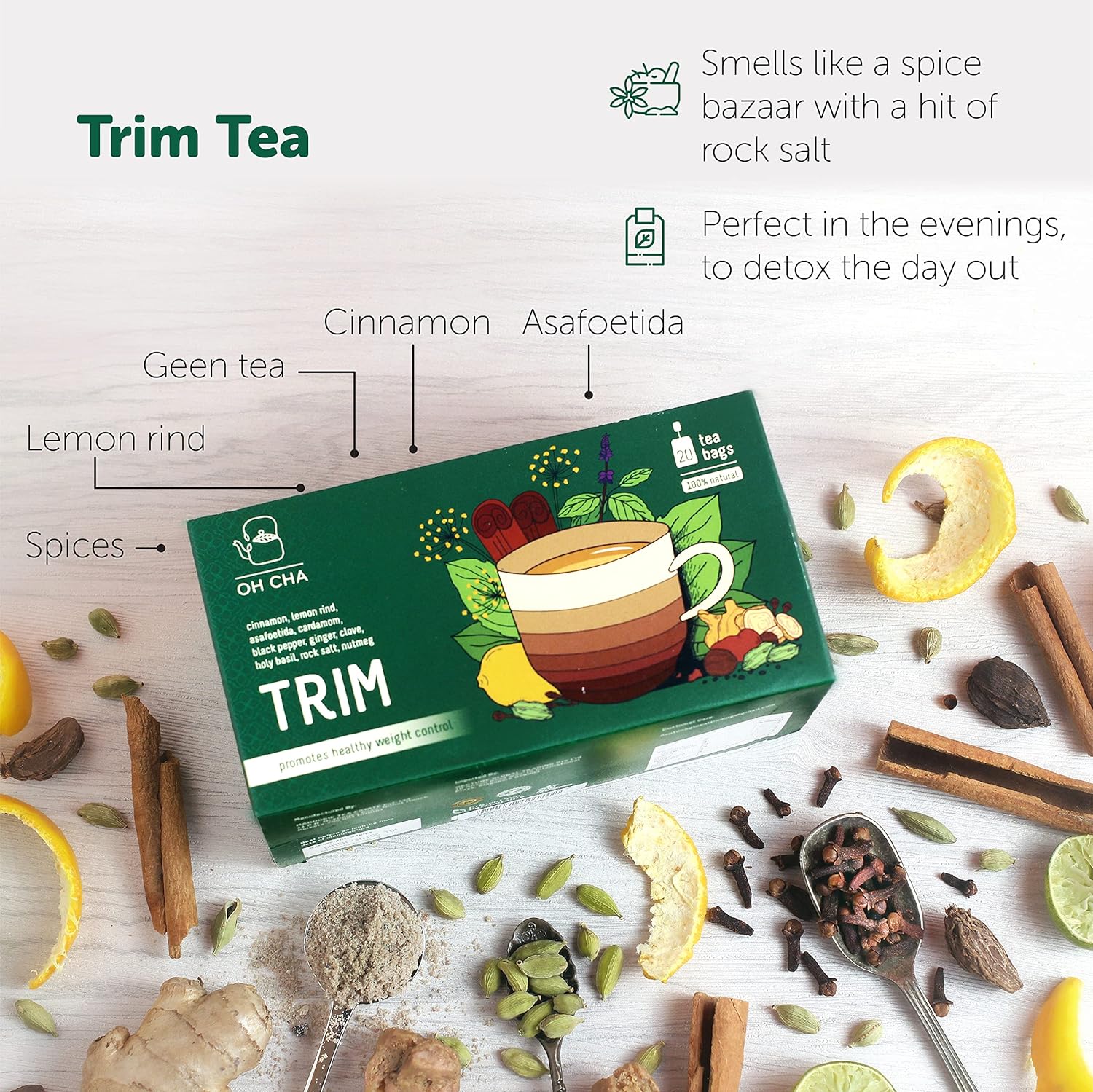 Oh Cha Trim, Detox Green Tea Bags | Green Tea for Weight Loss with Cinnamon, Asafoetida, Lemon rind, Clove, Cardamom, Ginger, Rock salt, Basil, Nutmeg, Black pepper | Slimming Tea, 40 gm - 20 Bags view 2