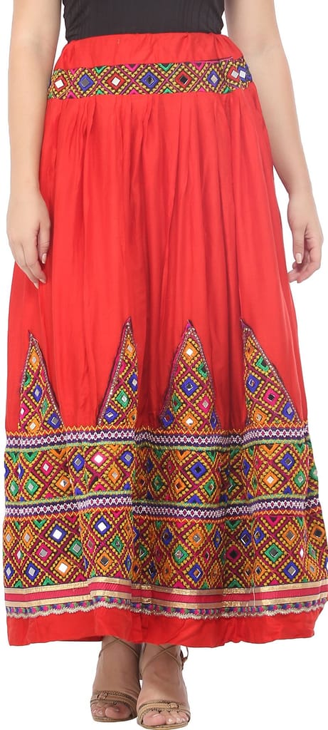 Tomato-Red Ghagra Skirt from Kutch with Multicolor Thread Embroidered Patch Border and Mirrors view 2