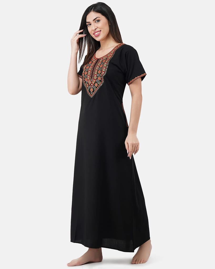 KOI SLEEPWEAR Premium Women Embroidery Night Gown Lizzybizzy with Mirror Work Cotton Nighty Maxi (Large, Black)� view 2