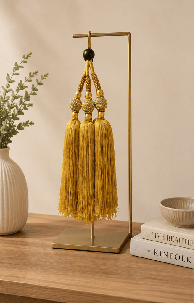 Luxury Golden Three-Tassel Wall Hanging with Crystal Accents