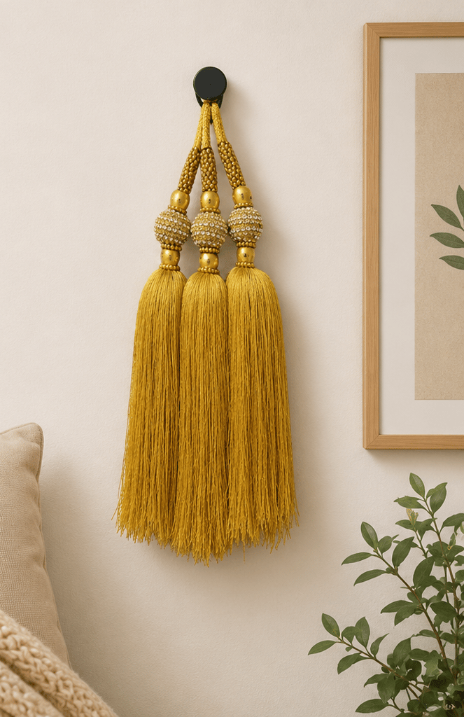 Luxury Golden Three-Tassel Wall Hanging with Crystal Accents view 2