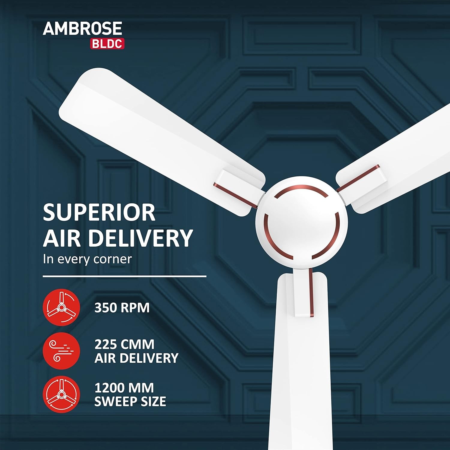 Havells 1200mm Ambrose BLDC Motor Ceiling Fan, Remote Controlled, High Air Delivery Fan, 5 Star Rated, Upto 60% Energy Saving, 2 Years warranty - White view 2