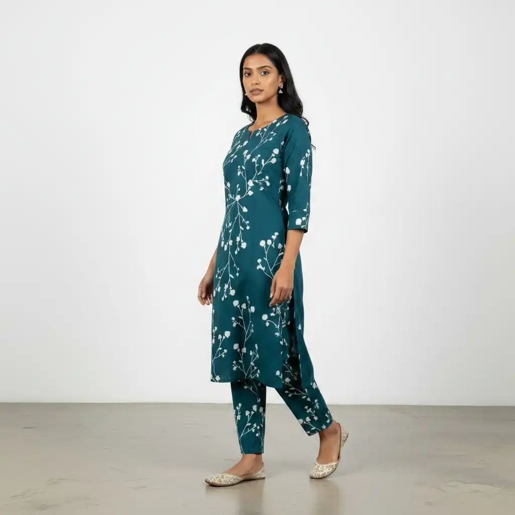Indigo Blue Screen-Print Cotton Kurti and Trouser Set view 2