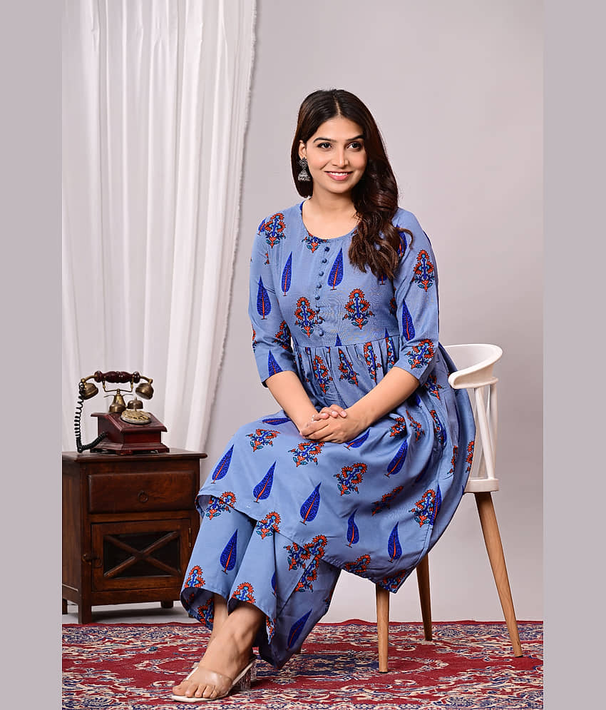 EXPORTHOUSE - Grey Frock Style Cotton Women's Stitched Salwar Suit ( Pack of 1 ) view 2