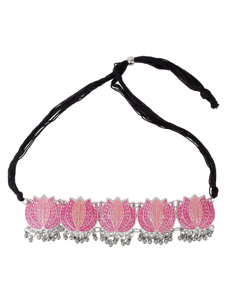 Cardinal Pink Color Lotus Design Minakari Oxidized Silver Choker Necklace Set view 2