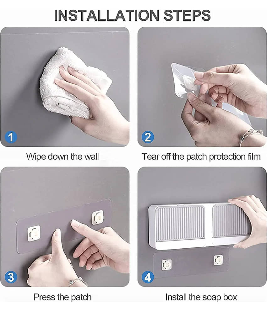 Radhe Creation Wall Mounted Soap Holder with Lid and Drain Tray | Self Adhesive Bathroom Soap Case for Wall | Multipurpose Soap Box Organizer for Bathroom, Kitchen & Wash Basin | No Drilling Soap Dish with Cover | Space Saving Design | Durable Plastic view 2