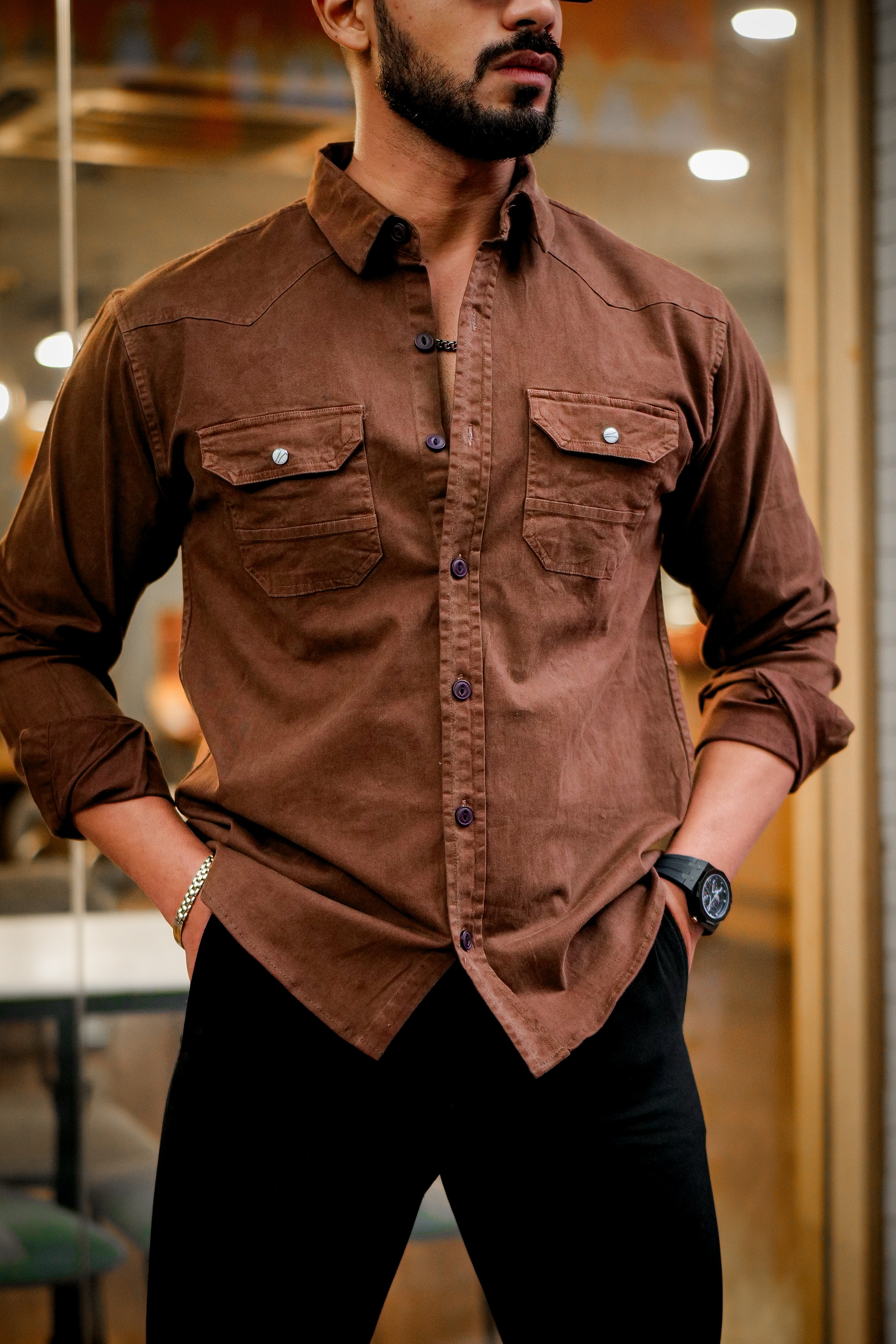 Brown Double Pocket Full Sleeve RFD Cotton Shirt view 2