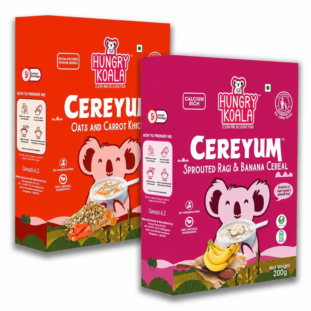 HUNGRY KOALA Cereal Made With Natural Ingridients Oats Carrot Ragi & Banana For Kids To Grow Healthy No Preservative Or Additives Or Maida - Pack of 2-200 Grams Each (400 Grams)