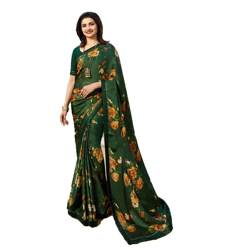 HHK Fashion Women's Printed Georgette 5.5 Meter Saree with Un-stitched Banglori Silk Blouse Piece (Dark Blue).