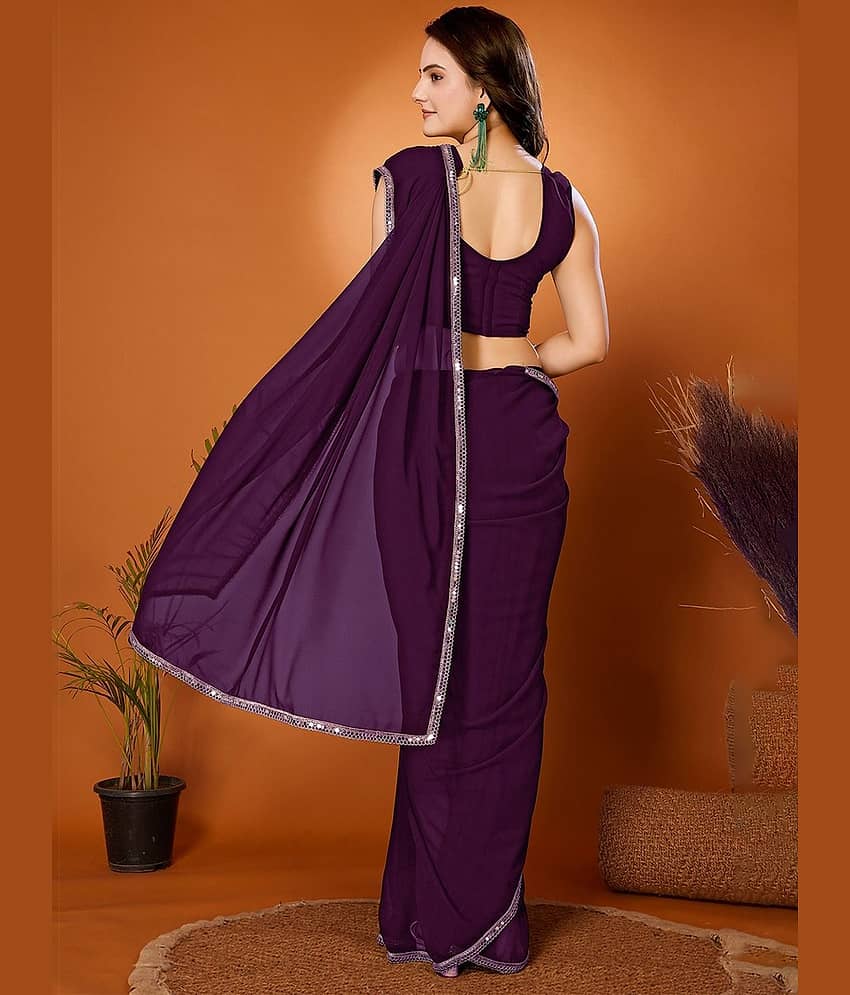 BLEESBURY Georgette Solid Saree With Unstitched Blouse Piece ( Purple ) view 2