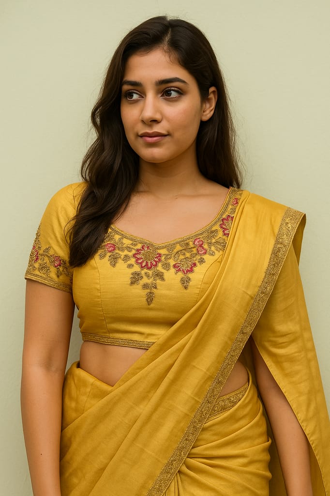 Mustard Yellow Silk Embroidered Saree Blouse view 2