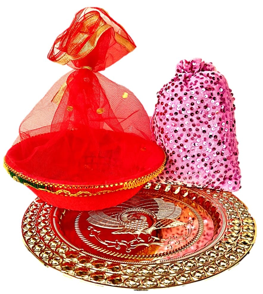 Omkar by R3 Inc. Gold Gift Plate, Basket with Shagun Potli for Gifts Hampers | Fancy Hamper| Wedding Basket / Pouch for gift Packing (Pack of 3) view 2