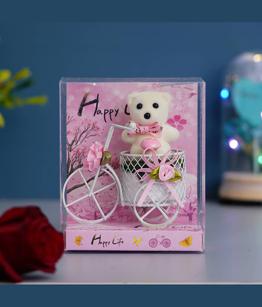 eCraftIndia Pink & White Cycle With Teddy Bear & Rose Petals Gift Box view 2