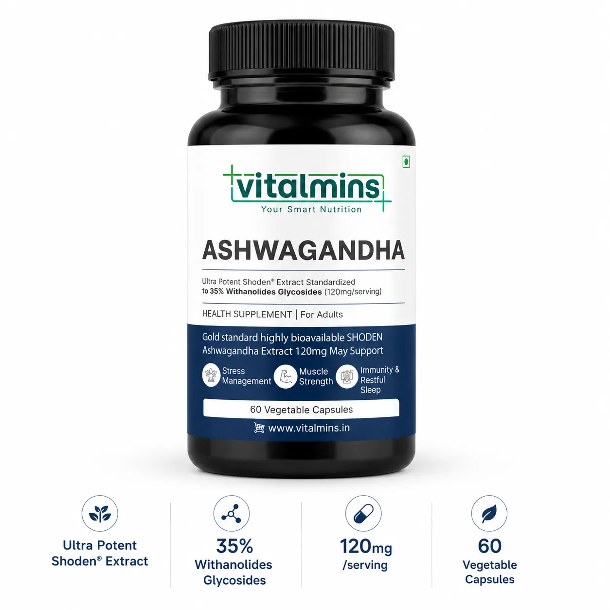 Vitalmins | Your Smart Nutrition | Ashwagandha | Stress Management | Muscle Strength | Immunity & Restful Sleep | Health Supplement for Adults | 60 Veg Capsules view 2