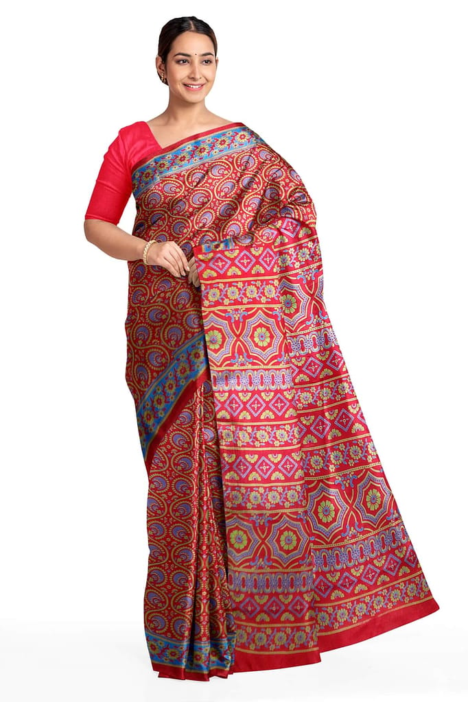 Pure silk saree in red & blue with round & floral motifs in satin weave
