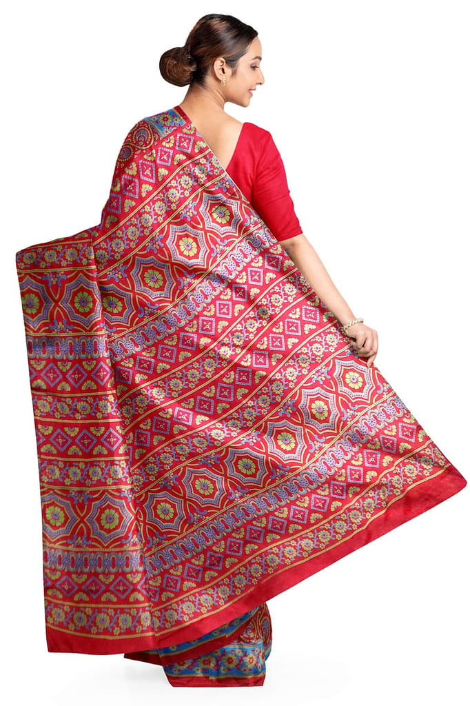 Pure silk saree in red & blue with round & floral motifs in satin weave view 2