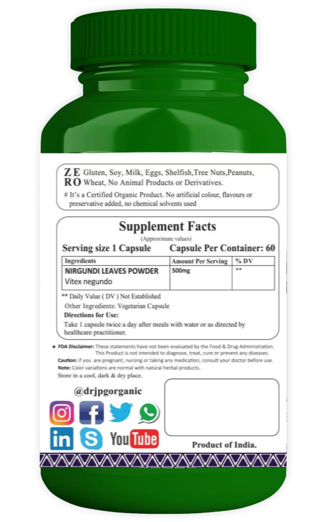 Dr JPG Organic Herbals Nirgundi Capsules For Joint Pain & Back Pain 60 Veg. Capsules | INDIA ORGANIC Certified (Pack Of 1) view 2