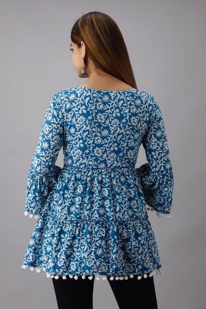 Casual Bell Sleeves Printed Women Blue Top view 2