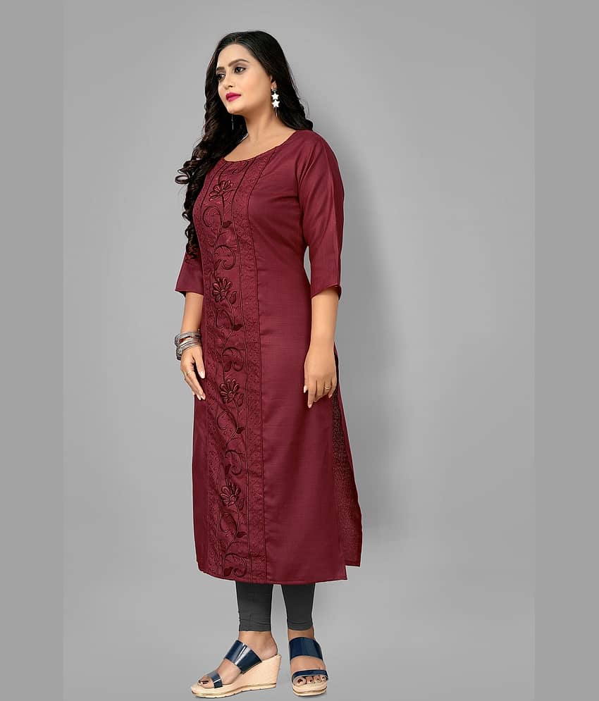 RIAANA - Maroon Cotton Blend Women's Straight Kurti ( Pack of 1 ) view 2