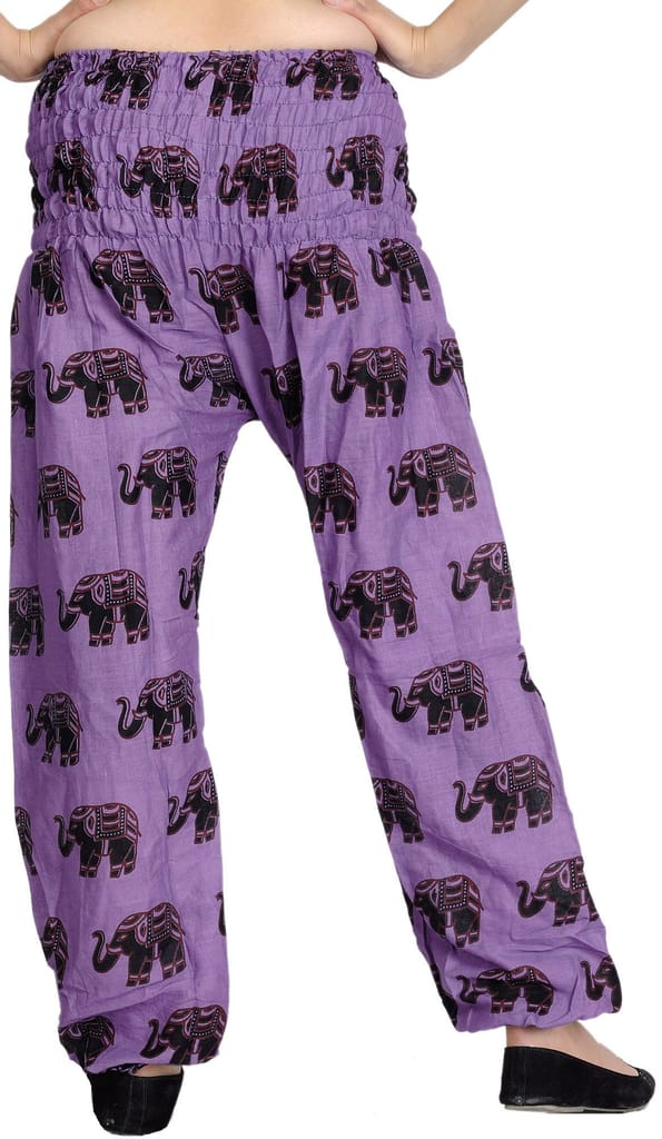 Dahlia-Purple Yoga Trousers with Printed Elephants and Front Pockets view 2