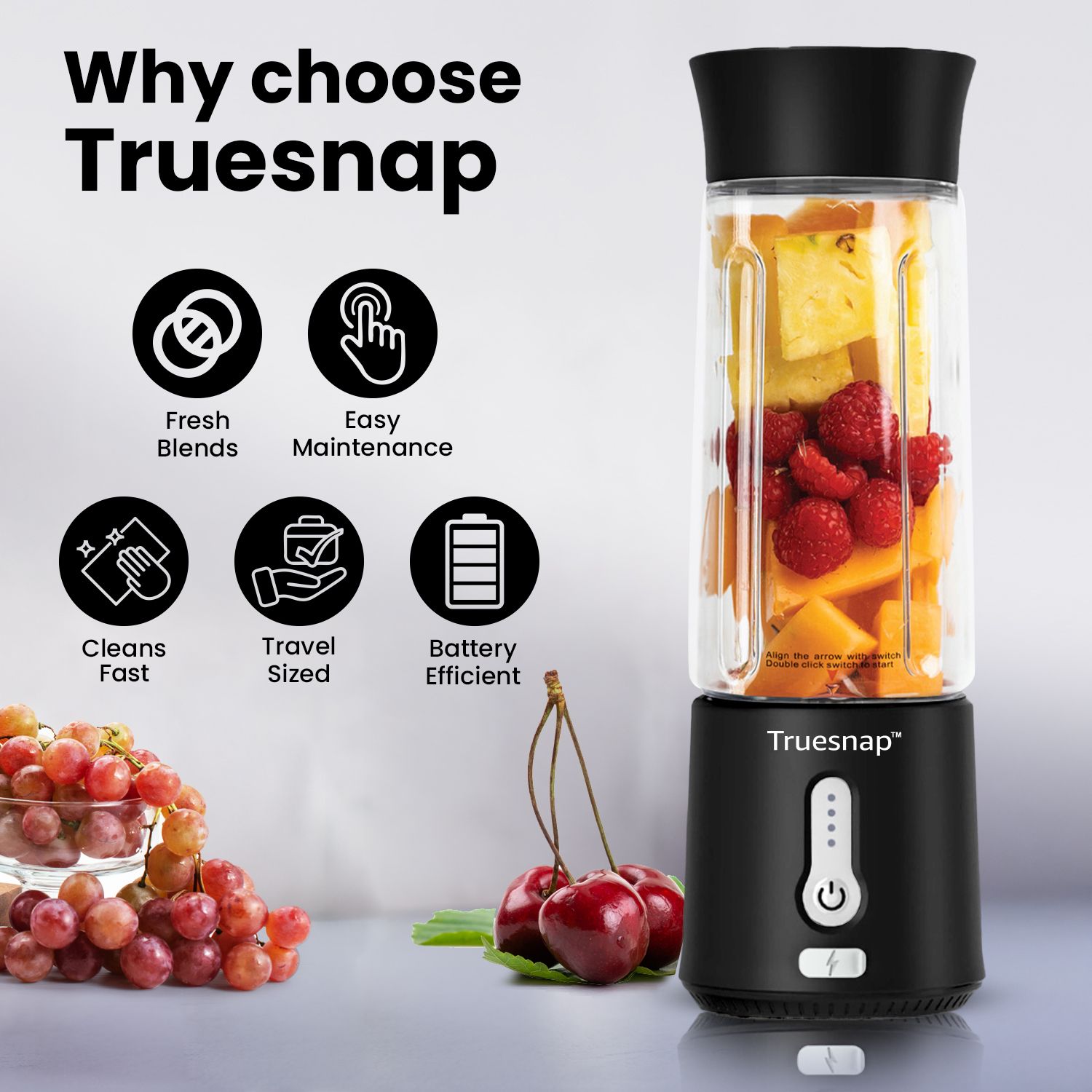 Truesnap ISI Approved Quix Pro Portable Blender 500ml, USB Juicer, 230W Motor, 6 SS Blades for Smoothies & Shakes - Black