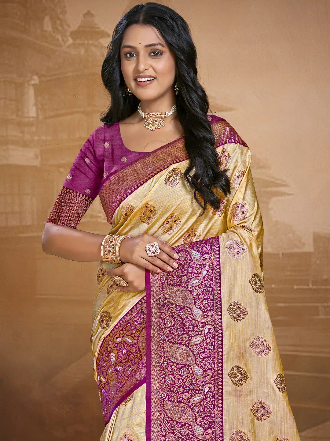 Beige Silk Saree view 2