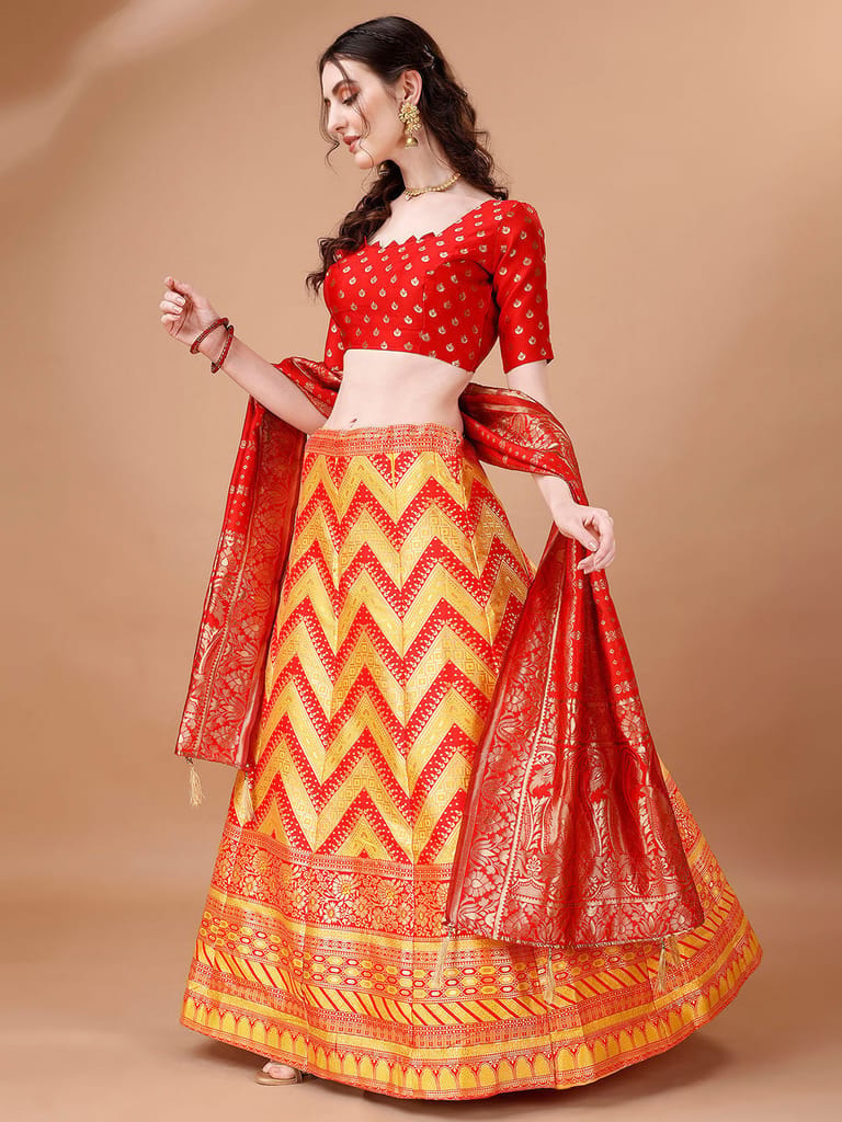 Yellow & Red Semi-Stitched Lehenga & Unstitched Blouse With Dupatta view 2