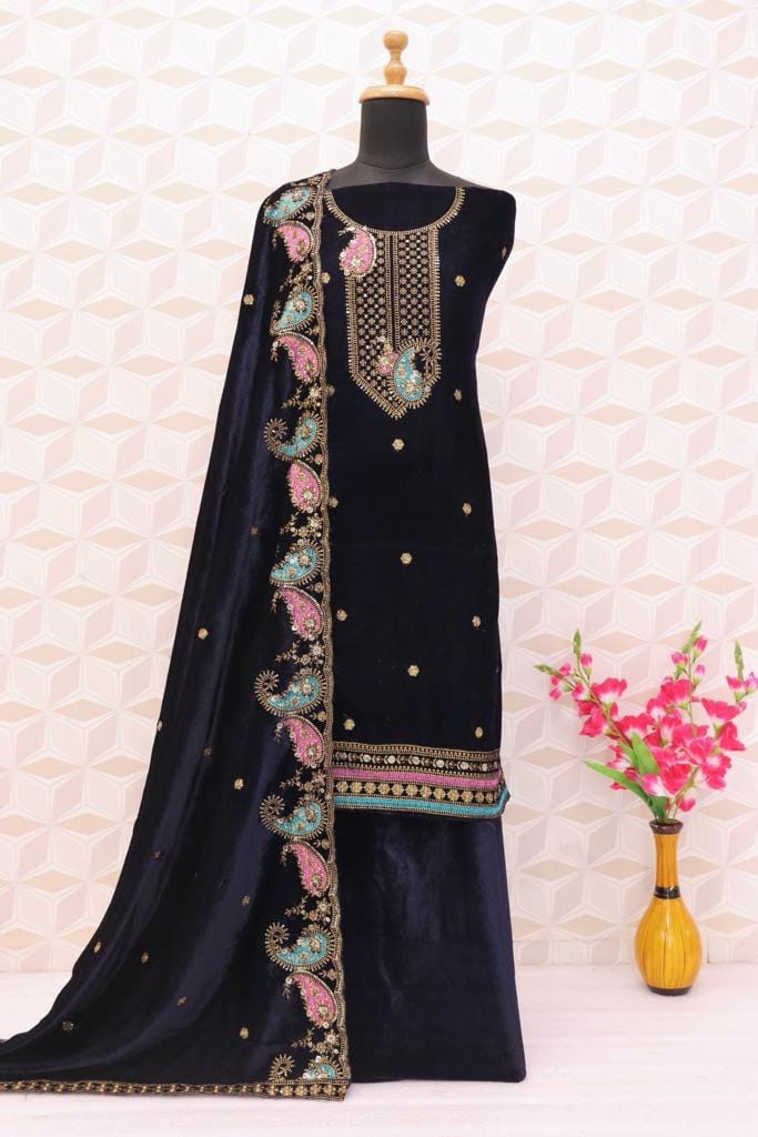Lorenvelley Fashion Blue Velvet Salwar Suit Material Embroidered view 2