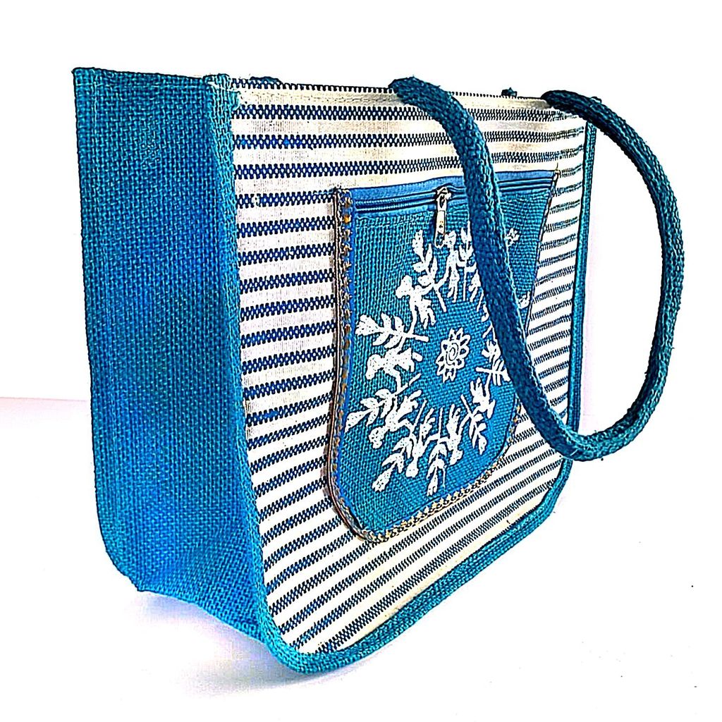 Embroidered Jute Tote Bag with Zippered Pocket view 2