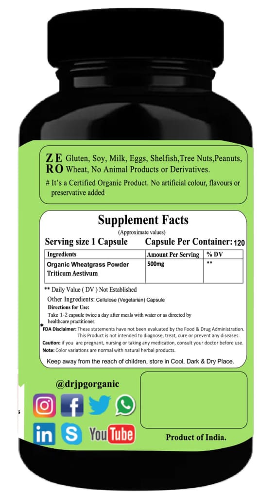 Dr. JPG Organic herbals wheatgrass capsules 120 veg/Natural Antioxidant/Immunity Booster/INDIA Organic Certified.(pack of 1) view 2