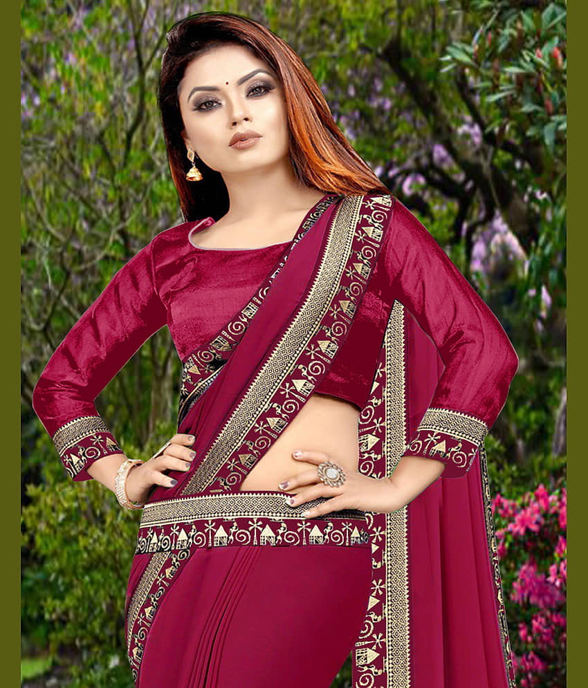 WXW Fashion Lycra Embroidered Regular Saree With Unstitched Blouse Piece ( Brown ) view 2