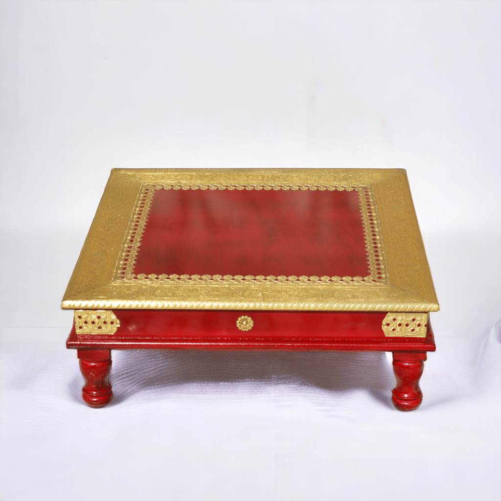 Wooden Chowki, Antique Bajot Chowki Pooja Chowki Beautiful Brass Fitted Work Wooden Handcrafted Home Decor Indian Pooja Room Decor Art view 2