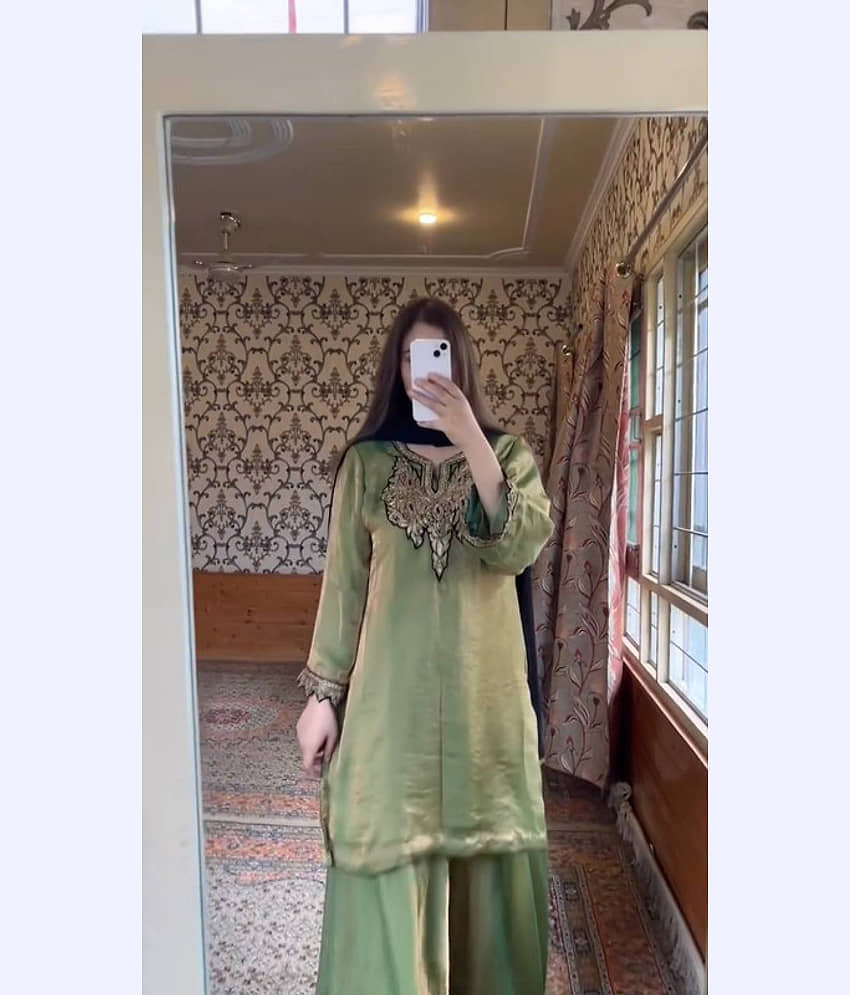 BHAGYASHRAY Women Silk Embroidered A-line Kurti With Palazzo ( Green ) view 2
