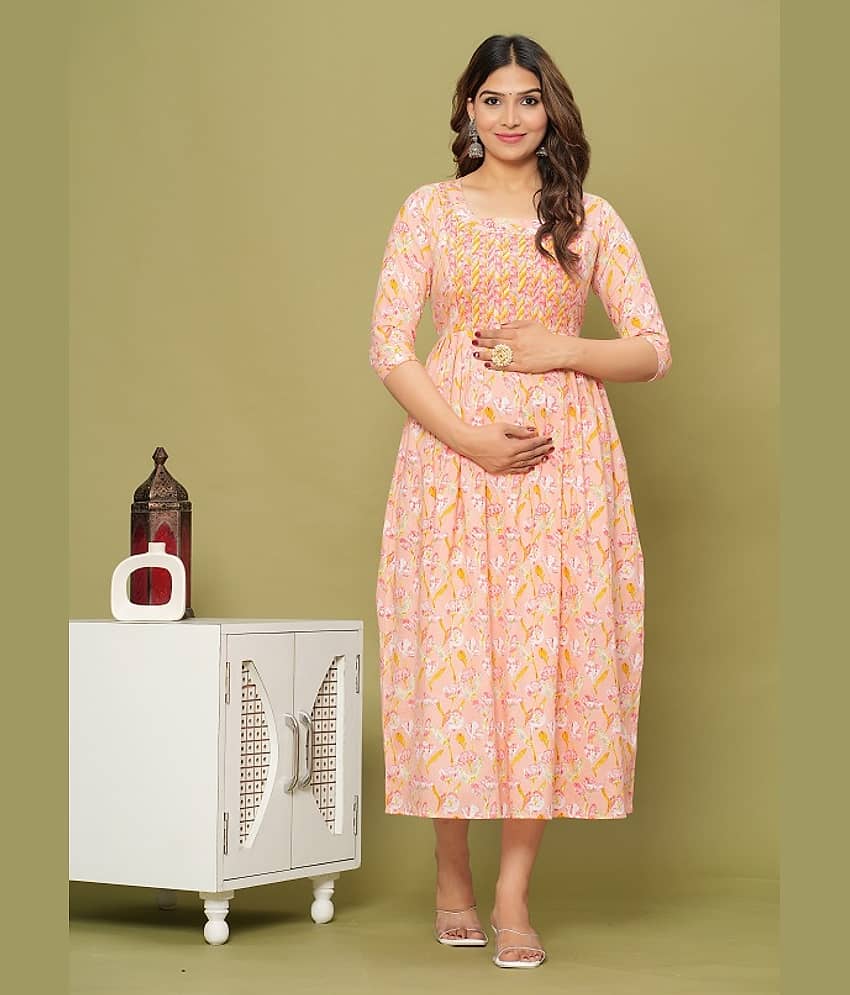 Nevisha Style Peach Cotton Maternity Kurta Single view 2