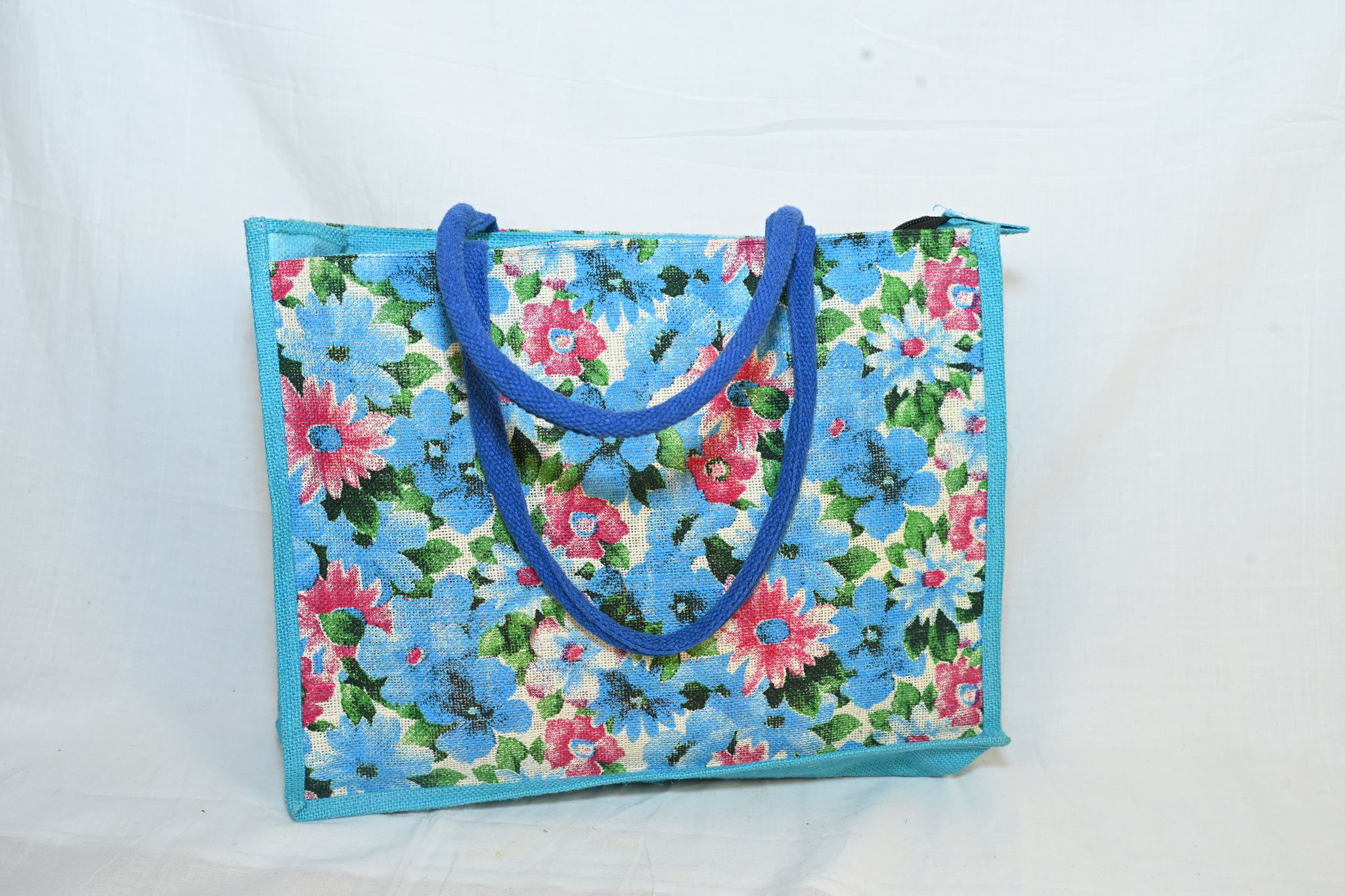 Jute Tote Bag with Blue Trim view 2