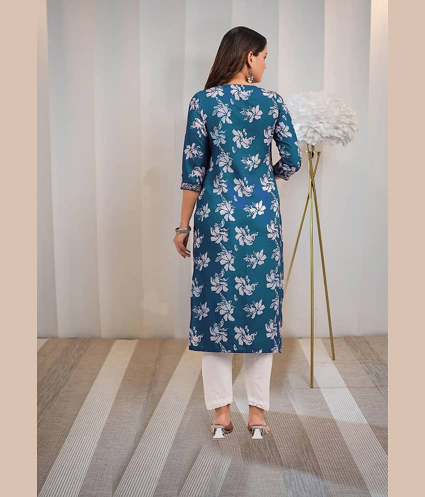 anushansa Women Viscose Rayon Printed Straight Kurti ( Navy Blue ) view 2