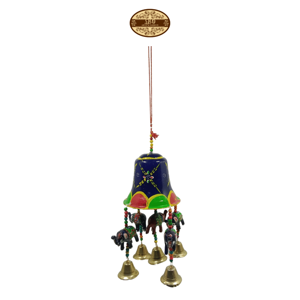 Handcrafted Large Wind chime, Navy Blue, with Multicolored Elephants, Bells, 30cm view 2