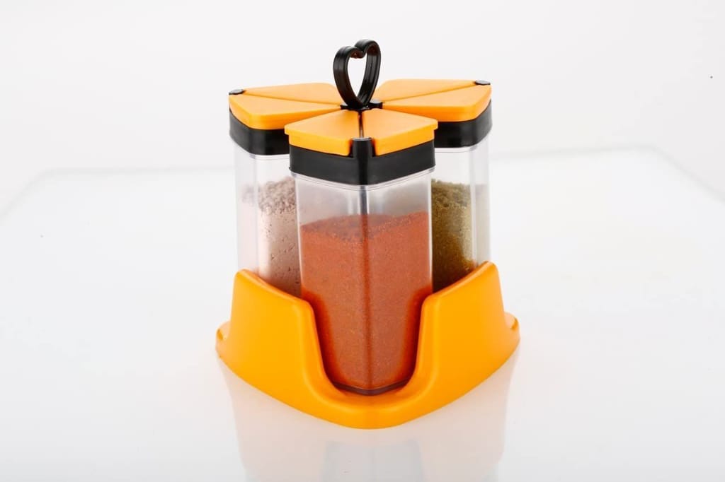 HAPPI Transparent Salt & Pepper Shakers Dispenser Adjust & Sprinkles Set (100 ml Each Jar) 3 Pcs with Stand Revolving Spice Rack for Dining Table Masala Dabbi (Color May Vary) view 2